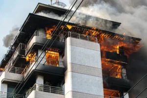A fire broke out on the top floor of the white building, emitting black smoke.