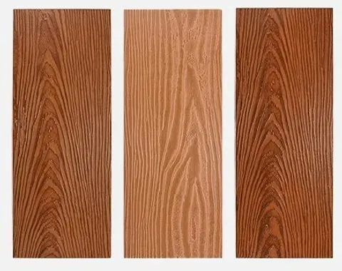 Three wood-grain product display images of exterior wall decorative fiber cement boards