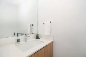 modern clean bathroom with tidy layout and moisture-resistant wall panels