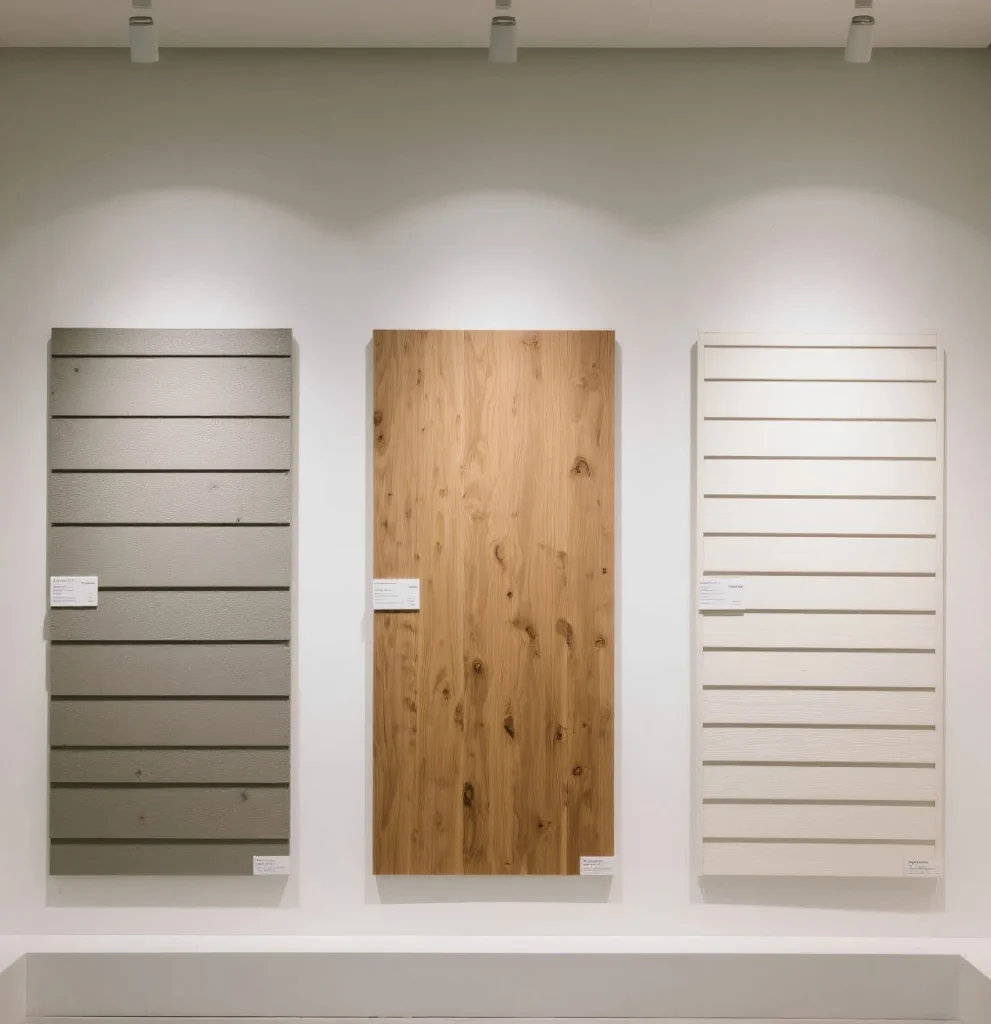 The showroom displays fiber cement boards, wood boards, and vinyl boards as exterior wall materials