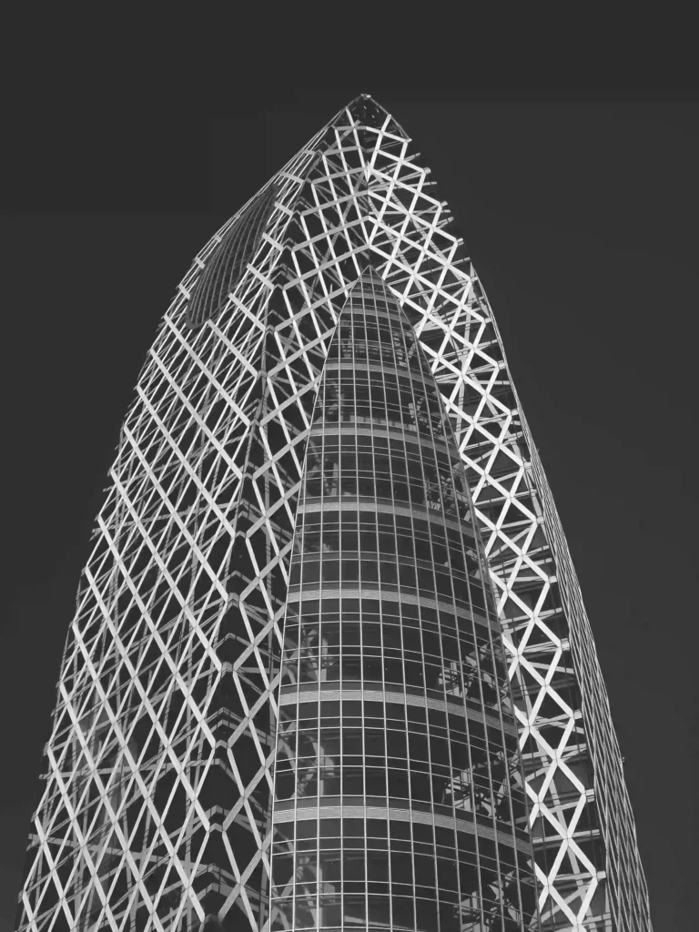 Black and white building diagram of curved steel structure