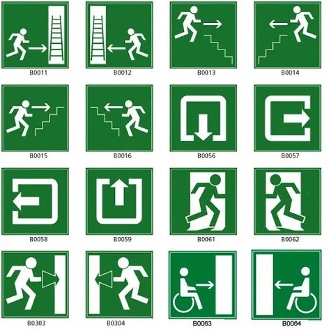 Sixteen different emergency exit signs