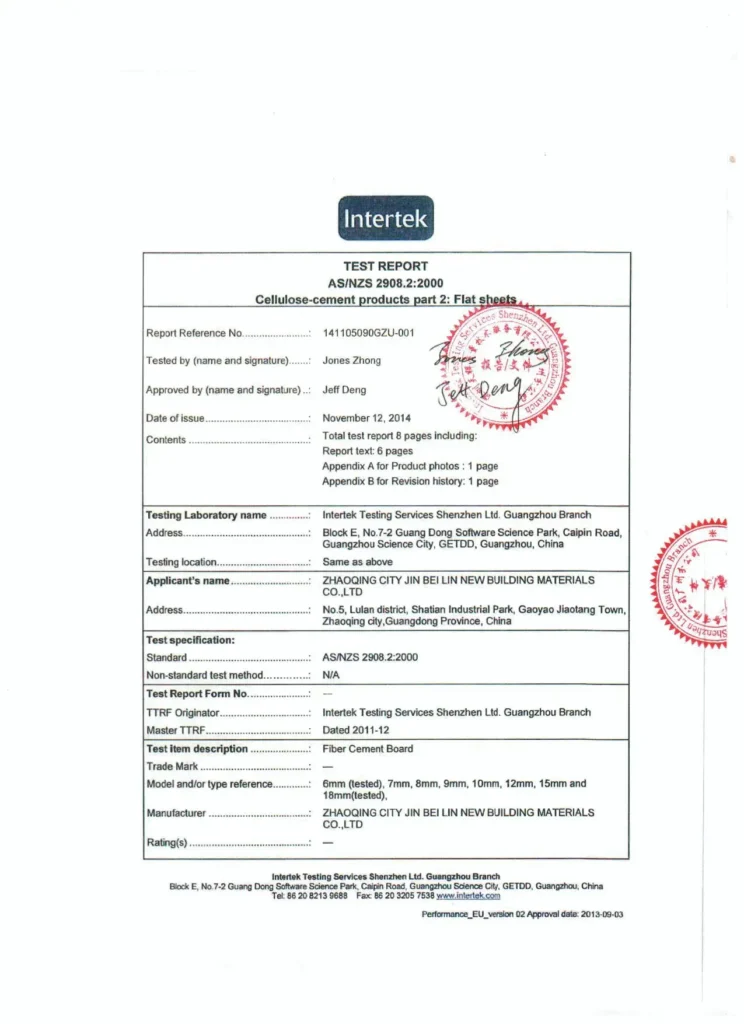 official AS/NZS 2908 certification for JOINBLING fiber cement board