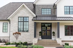 modern home exterior with clean lines and large glass panels