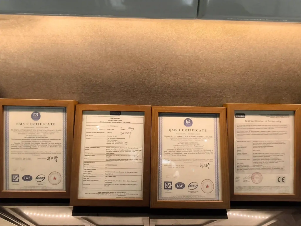 certification wall showing JOINBLING's official product compliance and testing certificates