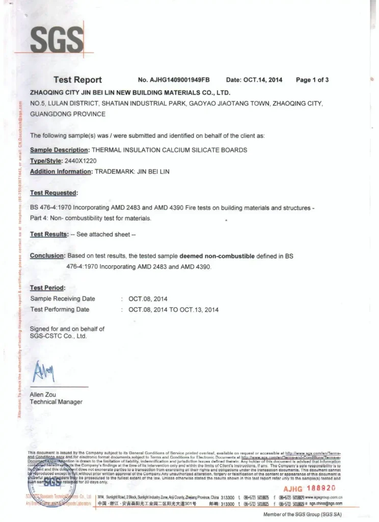 UK BS 476 fire safety certificate for JOINBLING calcium silicate board