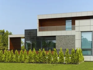 long distance view of modern house exterior