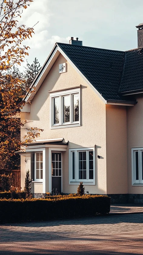 long shot of modern home exterior with driveway