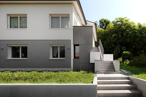 modern house exterior long shot with garden
