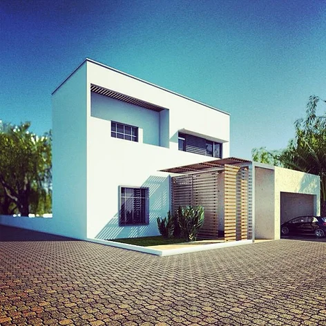 long distance shot of modern house exterior facade